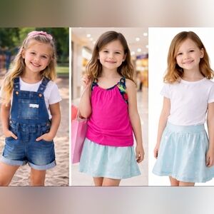 Kids' Denim Overalls Skirt Set With Pink Top